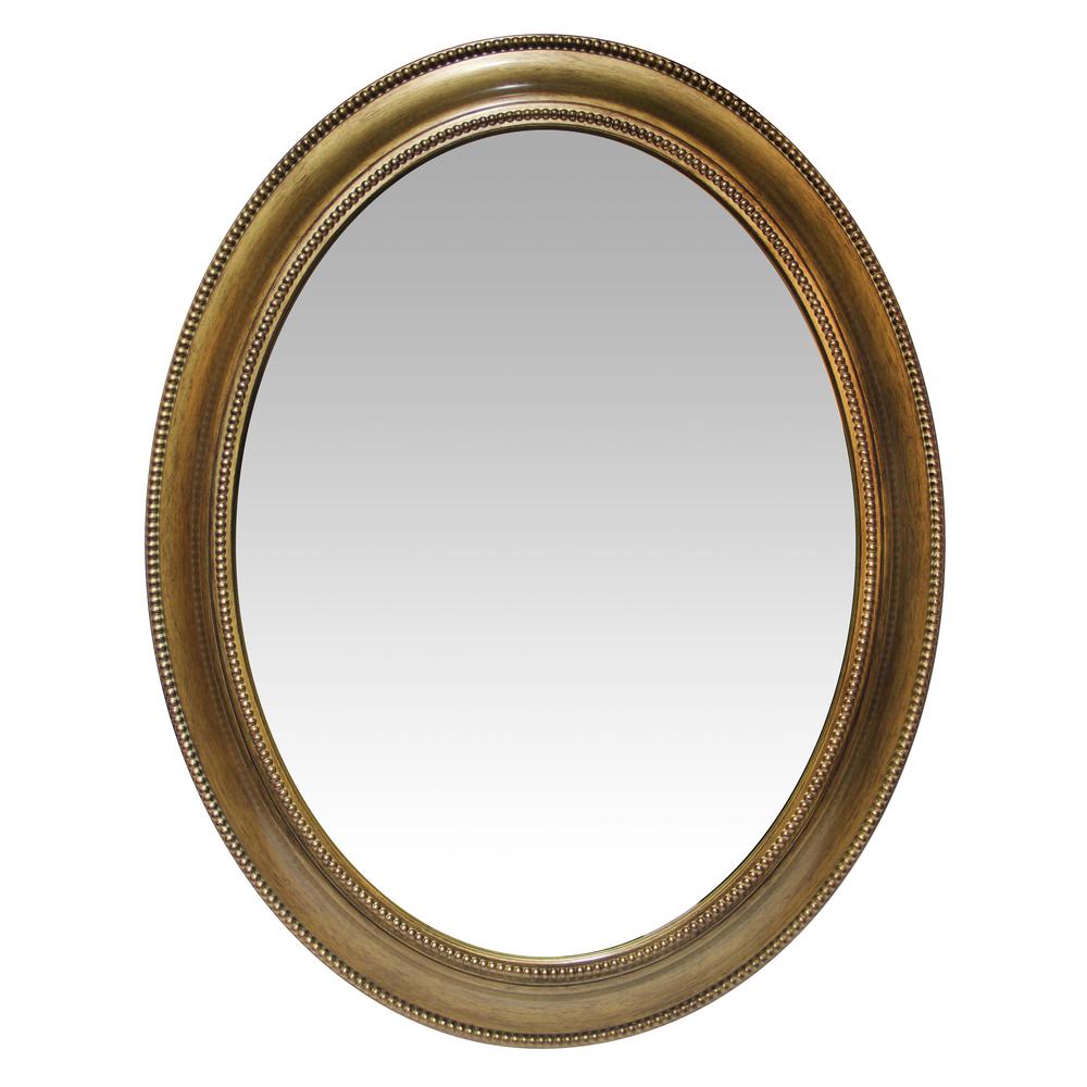 30 in Oval Wall Mirror, Brushed Gold Finish Case over a 18.75 X 24.75 in Round Mirror. Picture 1