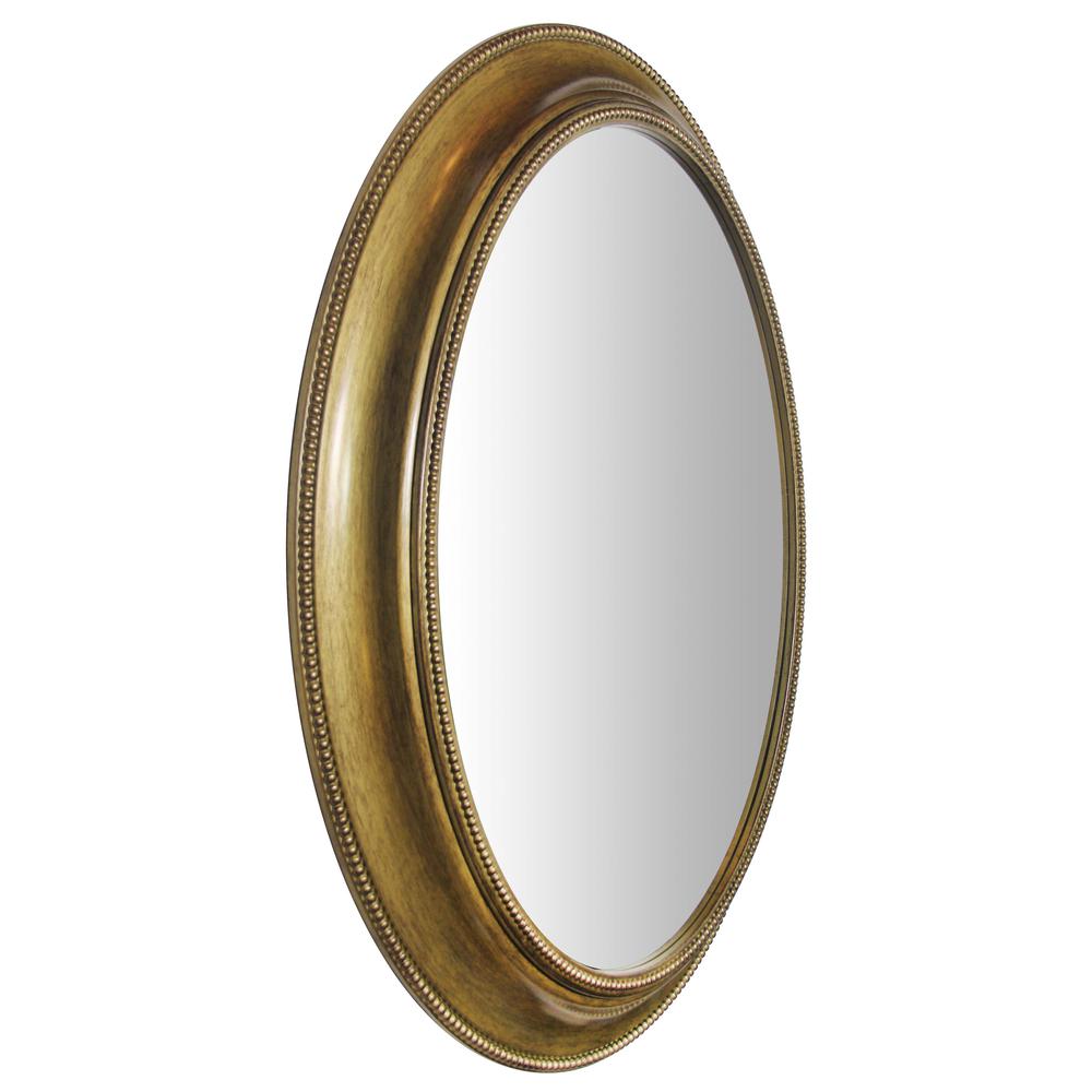 30 in Oval Wall Mirror, Brushed Gold Finish Case over a 18.75 X 24.75 in Round Mirror. Picture 3