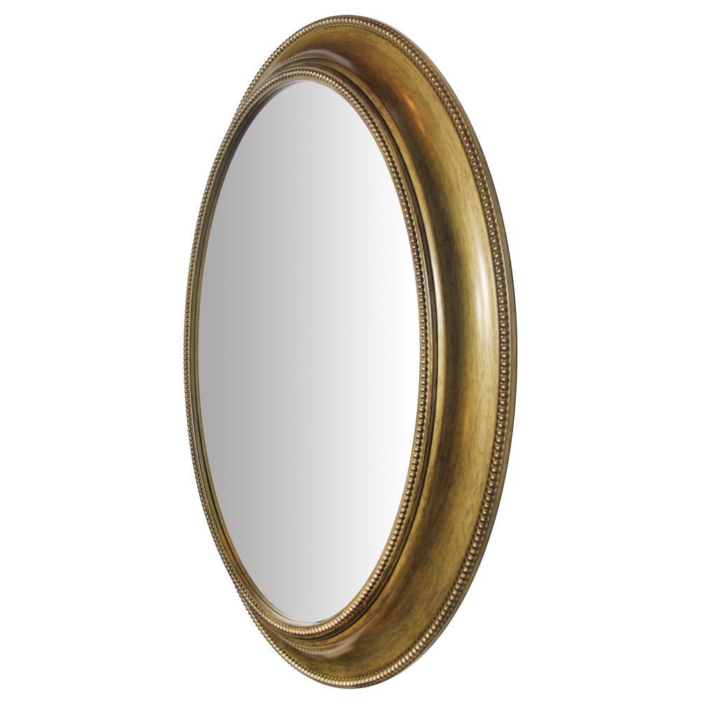 30 in Oval Wall Mirror, Brushed Gold Finish Case over a 18.75 X 24.75 in Round Mirror. Picture 4