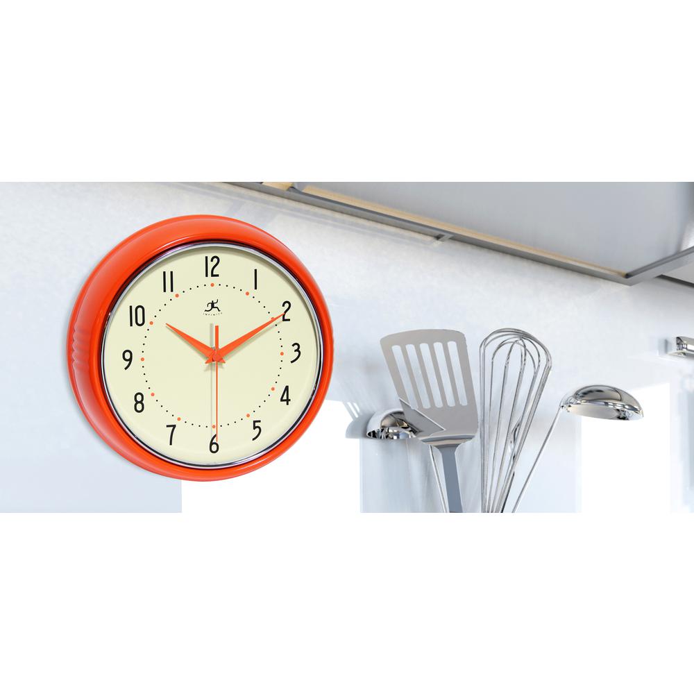 9.5 in Round Wall Clock, Orange Finish Case, Glass Lens, Second Hand, Silent Movement. Picture 1
