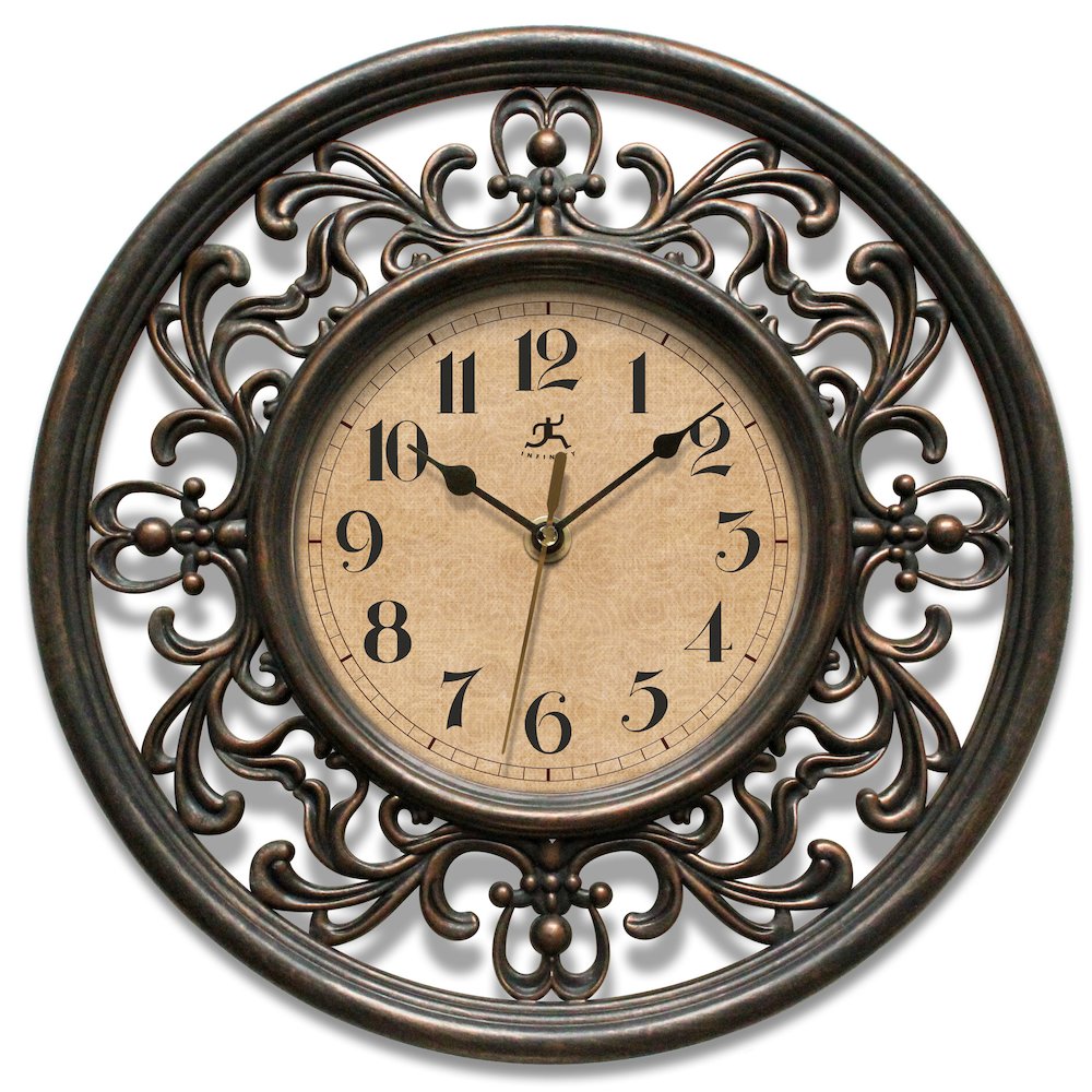 12 in Round Wall Clock, Brown Finish Case, Glass Lens, Second Hand, Silent Movement. Picture 2