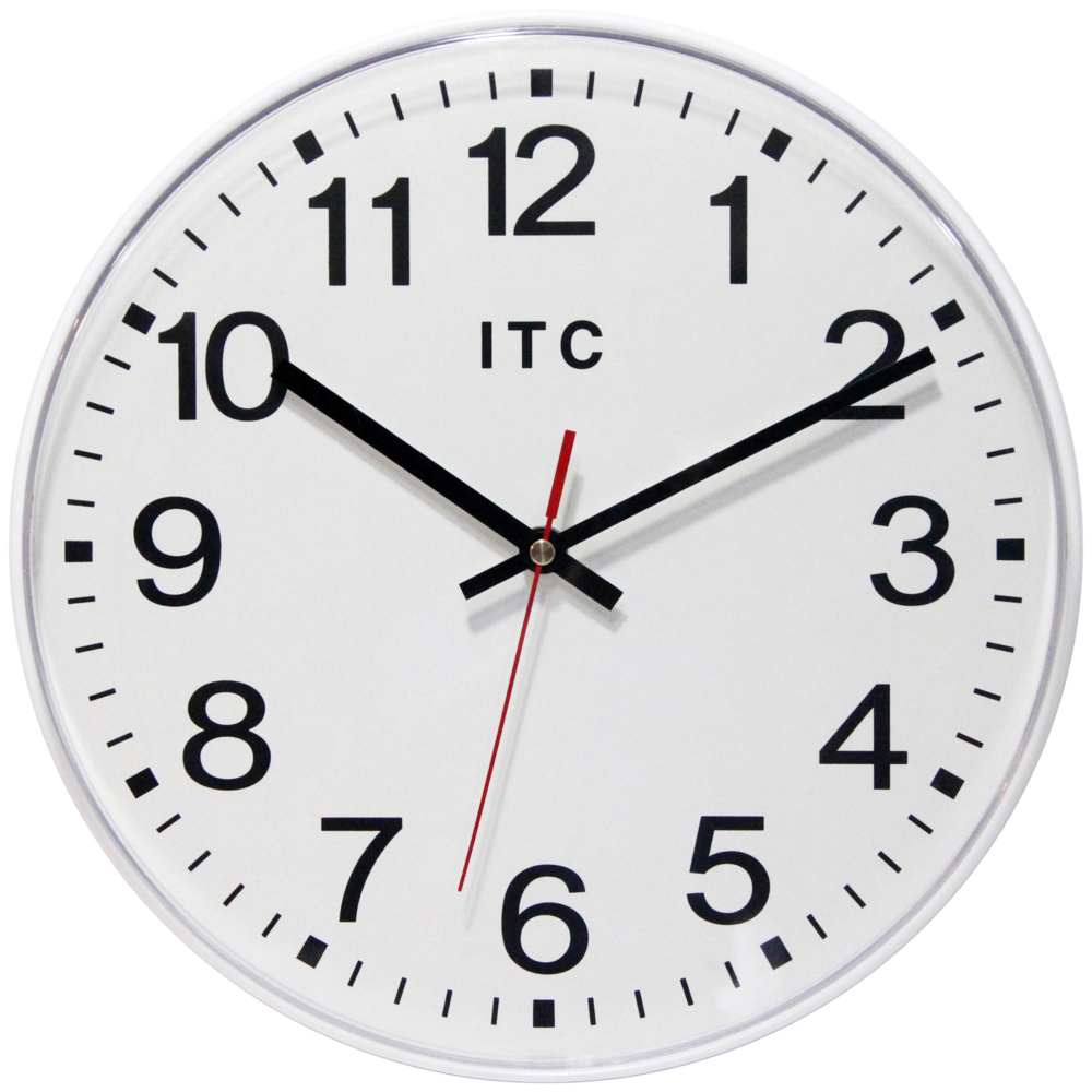 12 in Round Wall Clock, White Finish Case, Shatter-Resistant Lens, Second Hand, Silent Movement. Picture 1