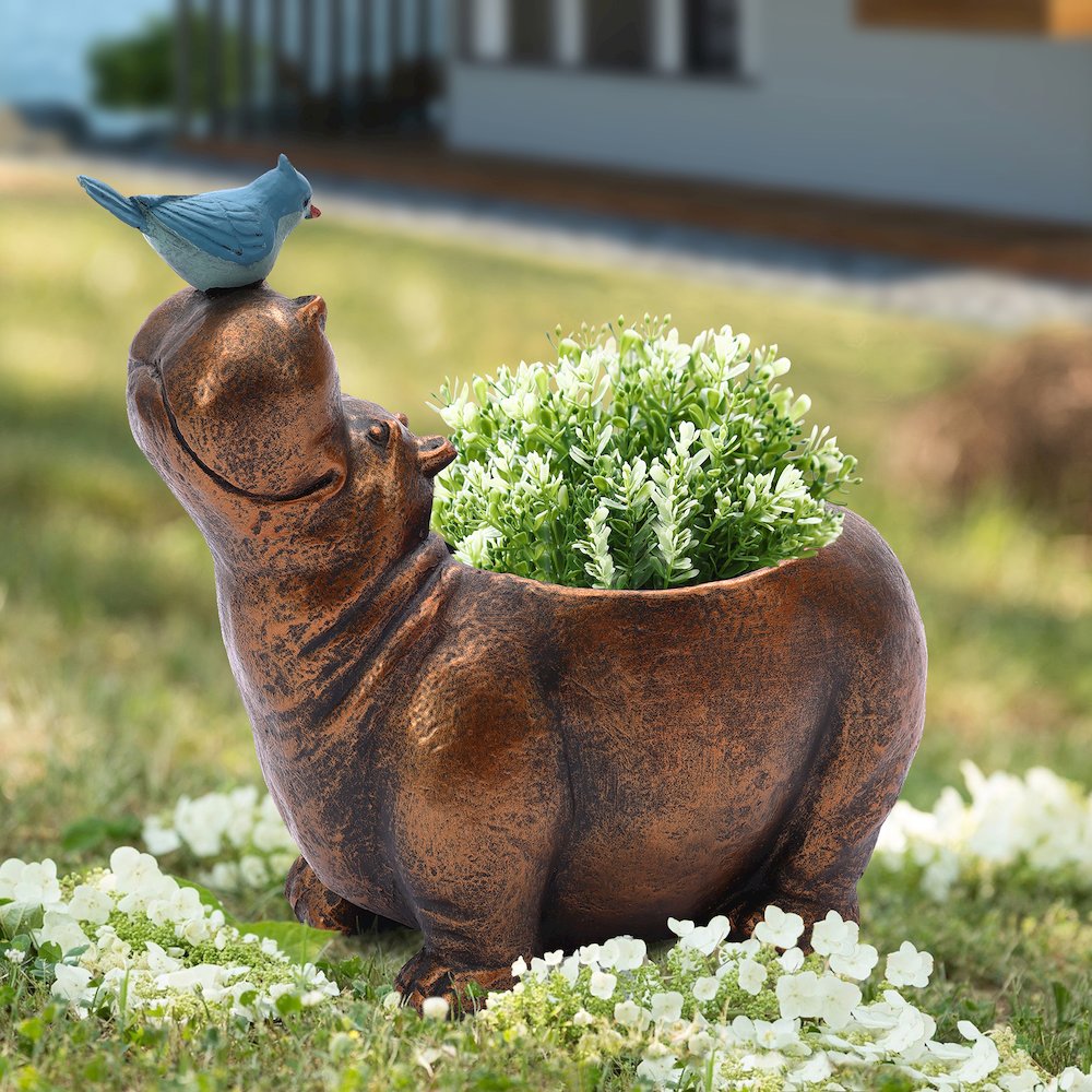 Brown Hippo and Blue Bird MgO Flower Pot Planter. Picture 9