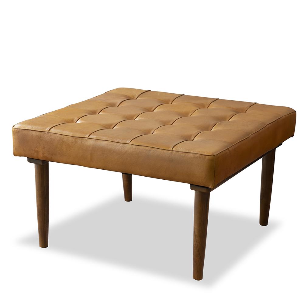 Mark Mid-Century Tufted Square Genuine Leather Upholstered Ottoman in Tan. Picture 1