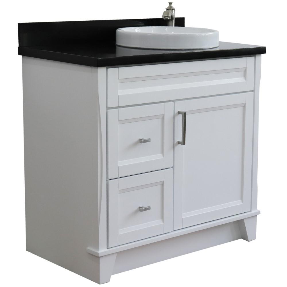 Single sink vanity in White with Black galaxy granite and LEFT round sink. Picture 1