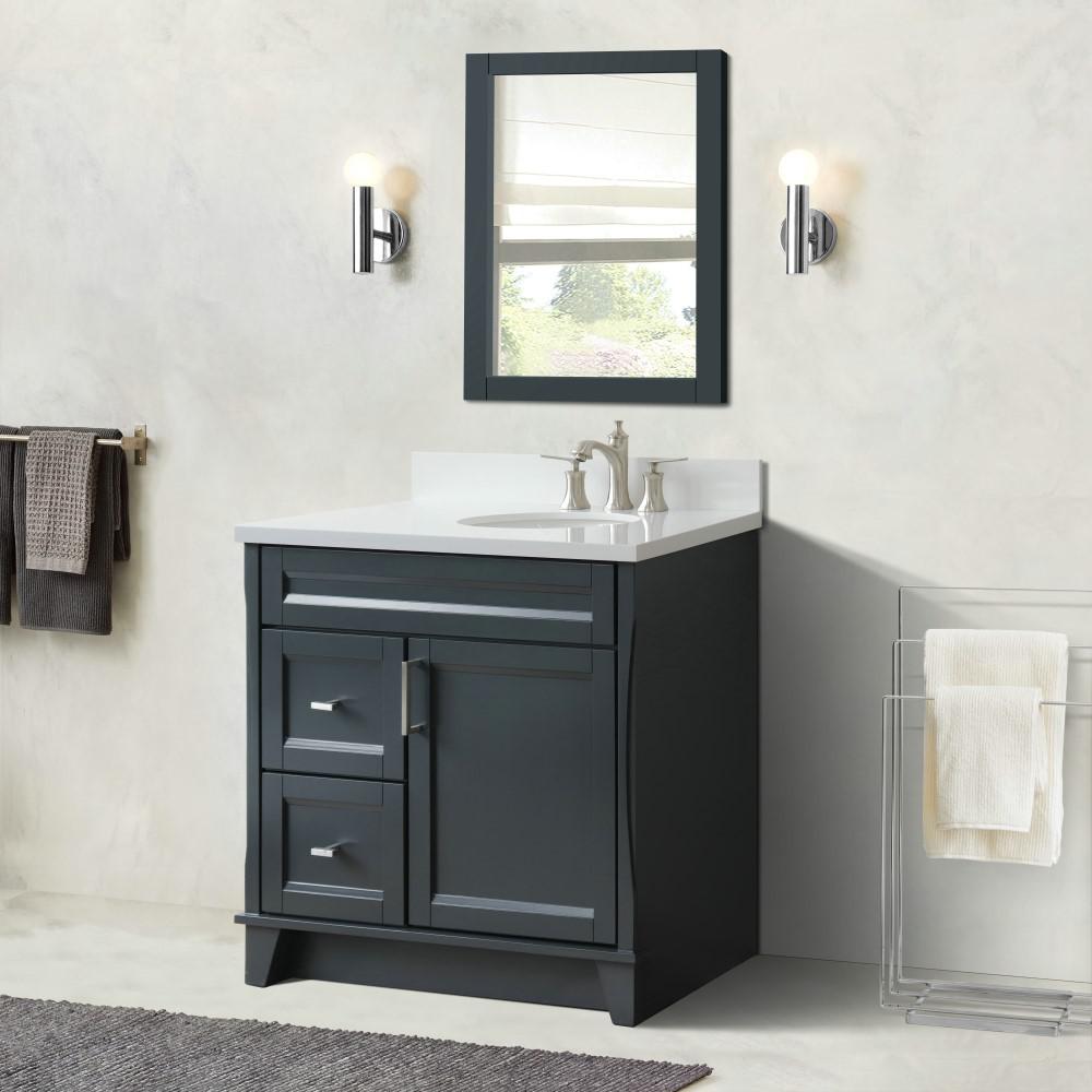 Single sink vanity in Dark Gray with White quartz and LEFT oval sink. Picture 4