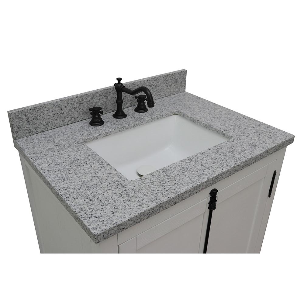 31 Single vanity in Glacier Ash finish with Gray granite top and rectangle sink. Picture 5