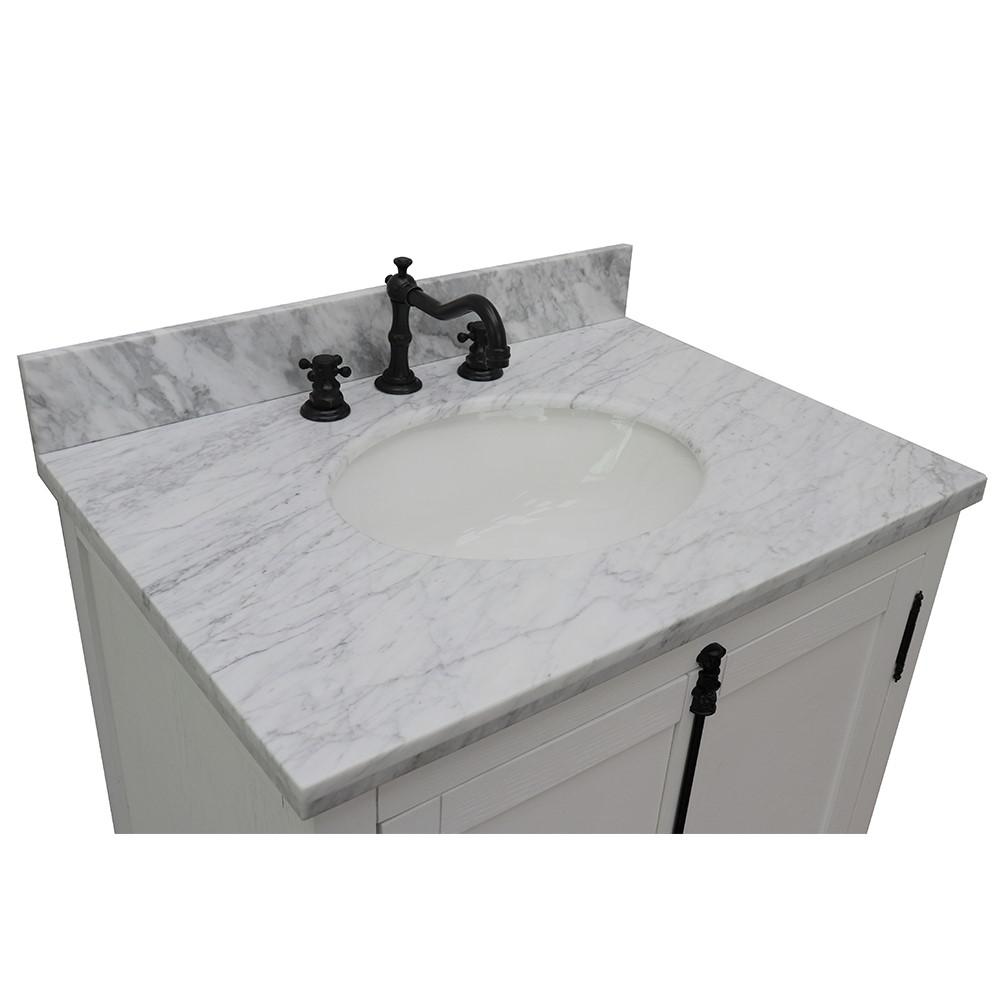 31 Single vanity in Glacier Ash finish with White Carrara top and oval sink. Picture 5