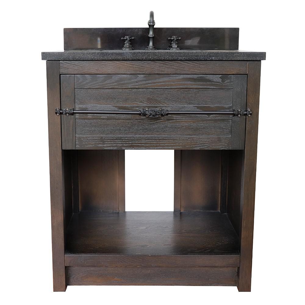 31 Single vanity in Brown Ash finish with Black Galaxy top and rectangle sink. Picture 4