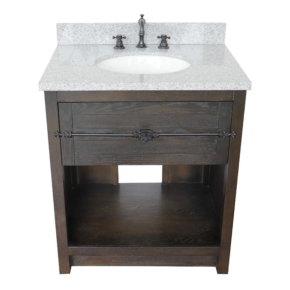 31 Single vanity in Brown Ash finish with Gray granite top and oval sink. Picture 8