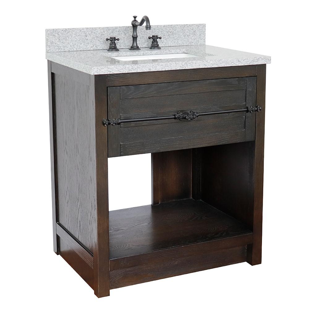 31 Single vanity in Brown Ash finish with Gray granite top and rectangle sink. Picture 3