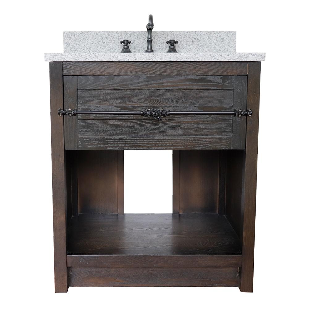 31 Single vanity in Brown Ash finish with Gray granite top and rectangle sink. Picture 4