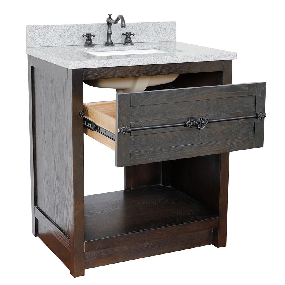31 Single vanity in Brown Ash finish with Gray granite top and rectangle sink. Picture 6