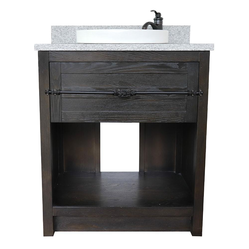 31 Single vanity in Brown Ash finish with Gray granite top and rectangle sink. Picture 14