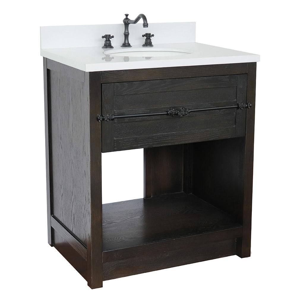 31 Single vanity in Brown Ash finish with White Quartz top and oval sink. Picture 3