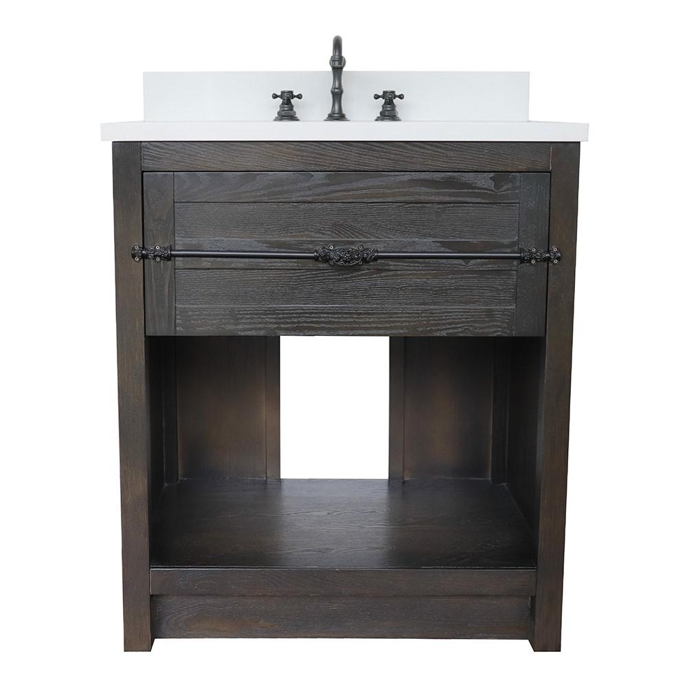 31 Single vanity in Brown Ash finish with White Quartz top and oval sink. Picture 4