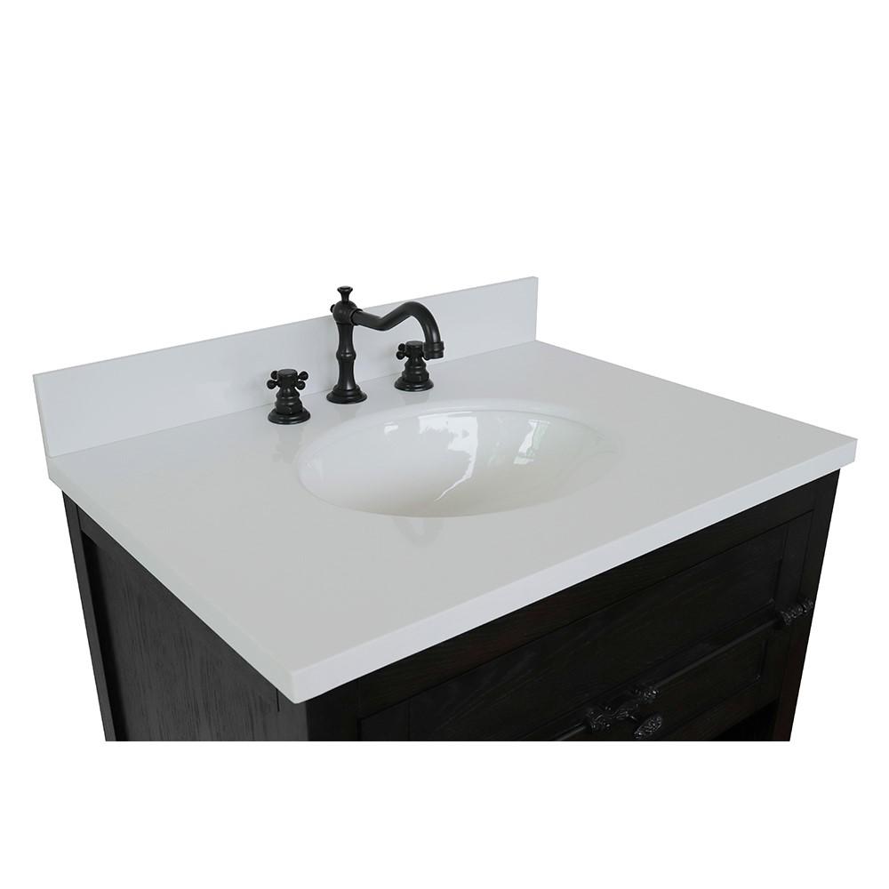 31 Single vanity in Brown Ash finish with White Quartz top and oval sink. Picture 5