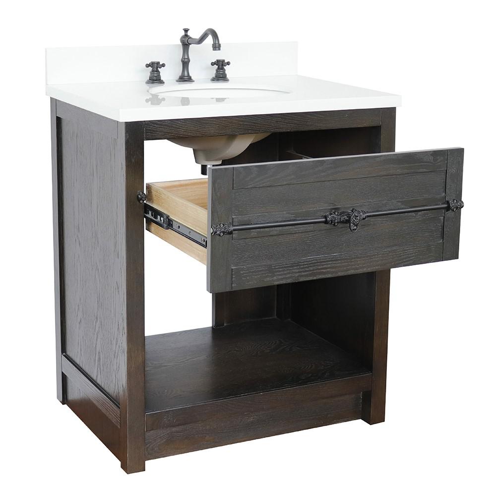 31 Single vanity in Brown Ash finish with White Quartz top and oval sink. Picture 6