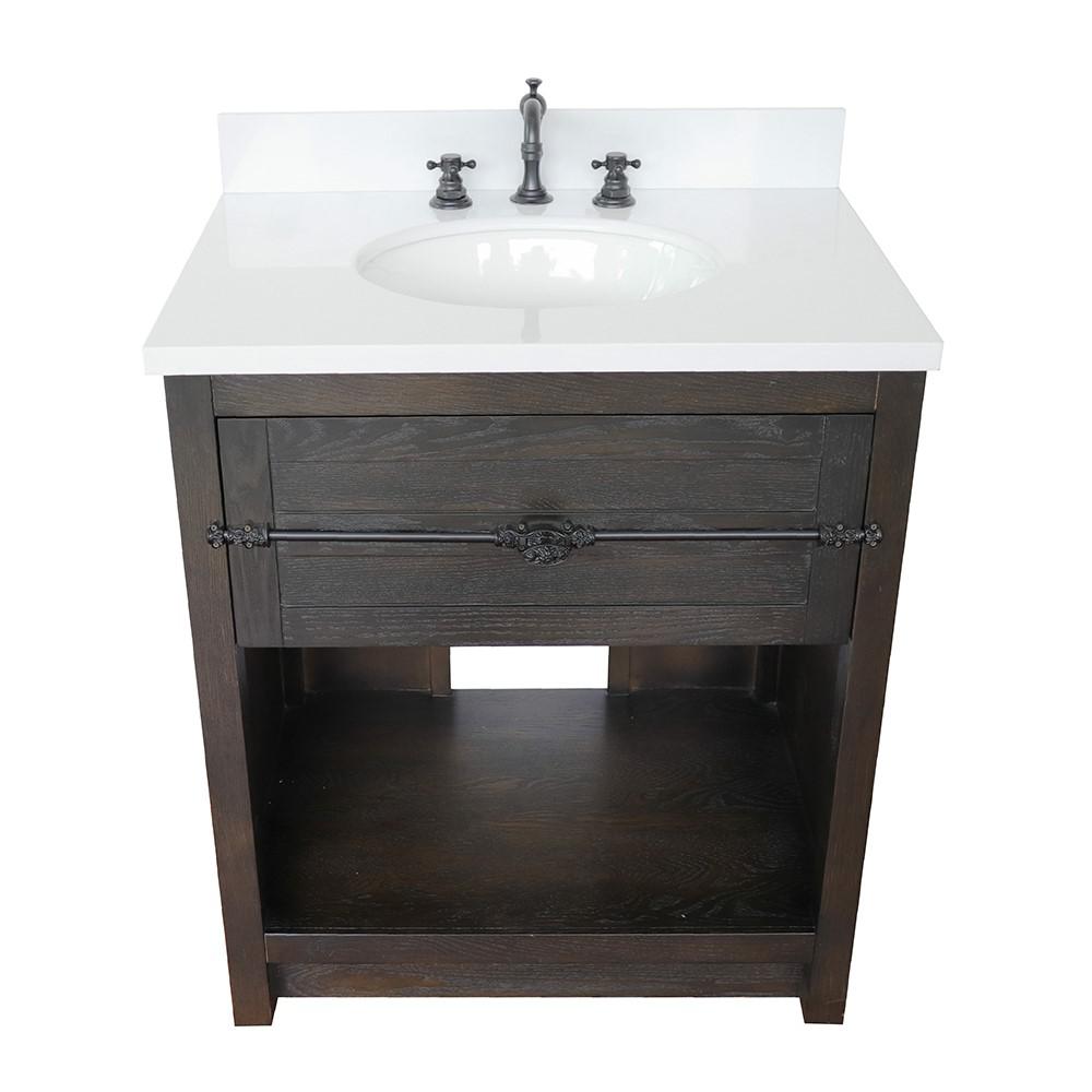 31 Single vanity in Brown Ash finish with White Quartz top and oval sink. Picture 8