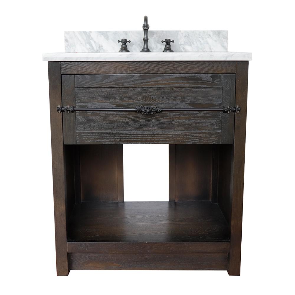 31 Single vanity in Brown Ash finish with White Carrara top and oval sink. Picture 4