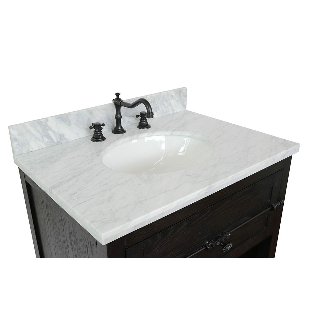 31 Single vanity in Brown Ash finish with White Carrara top and oval sink. Picture 5