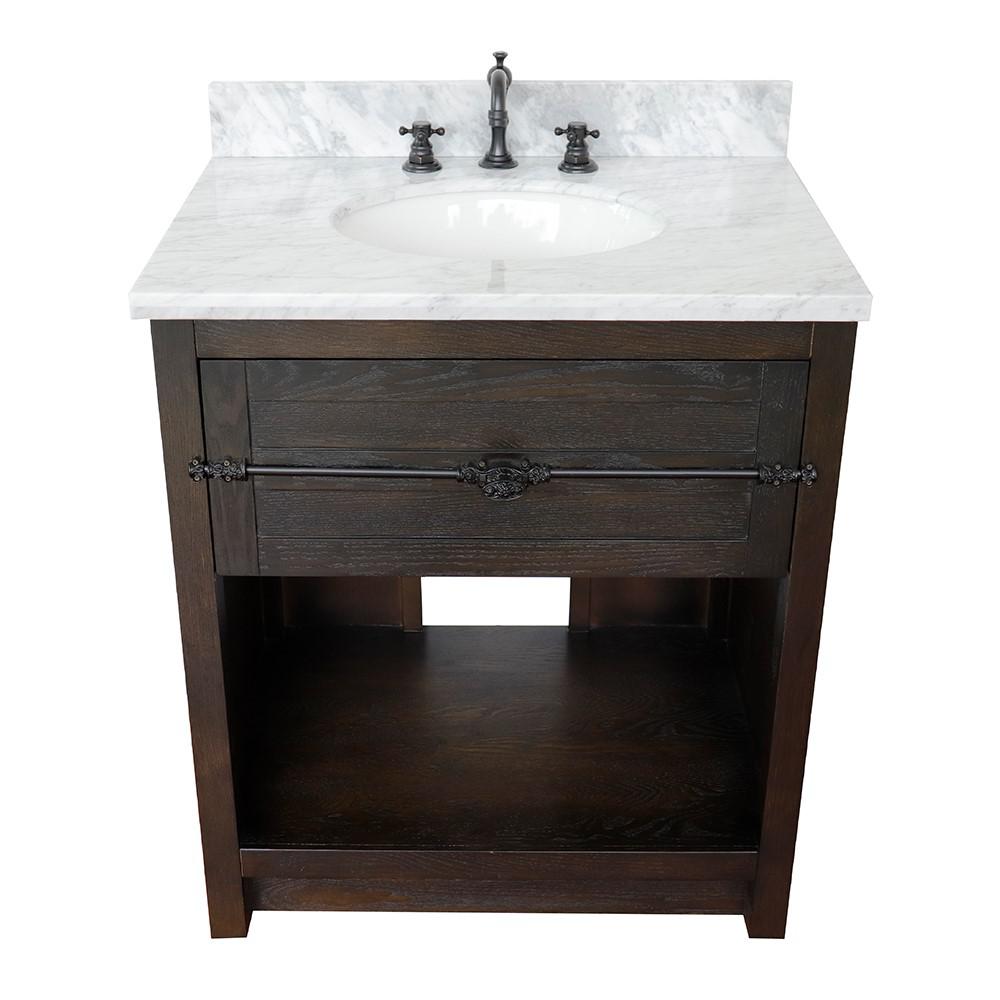 31 Single vanity in Brown Ash finish with White Carrara top and oval sink. Picture 8