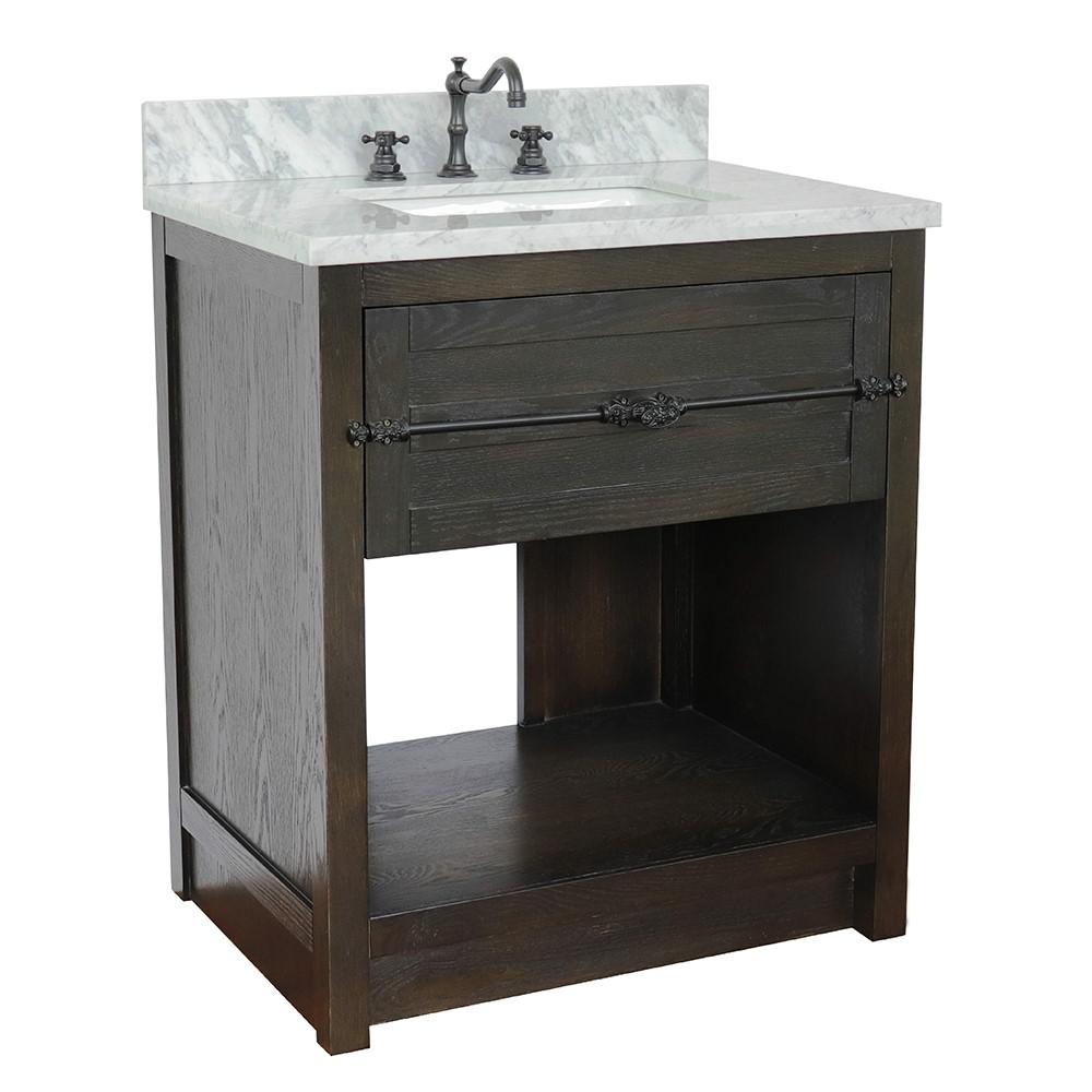 31 Single vanity in Brown Ash finish with White Carrara top and rectangle sink. Picture 3
