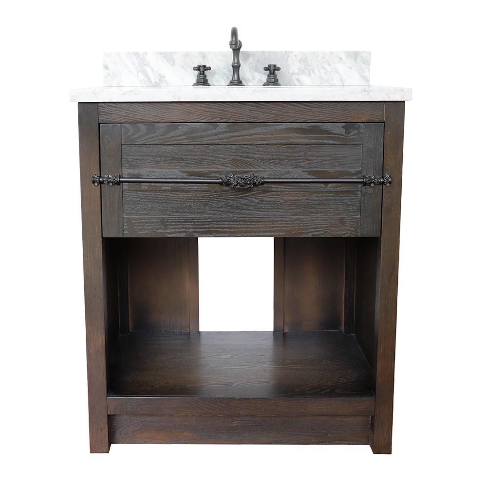 31 Single vanity in Brown Ash finish with White Carrara top and rectangle sink. Picture 4