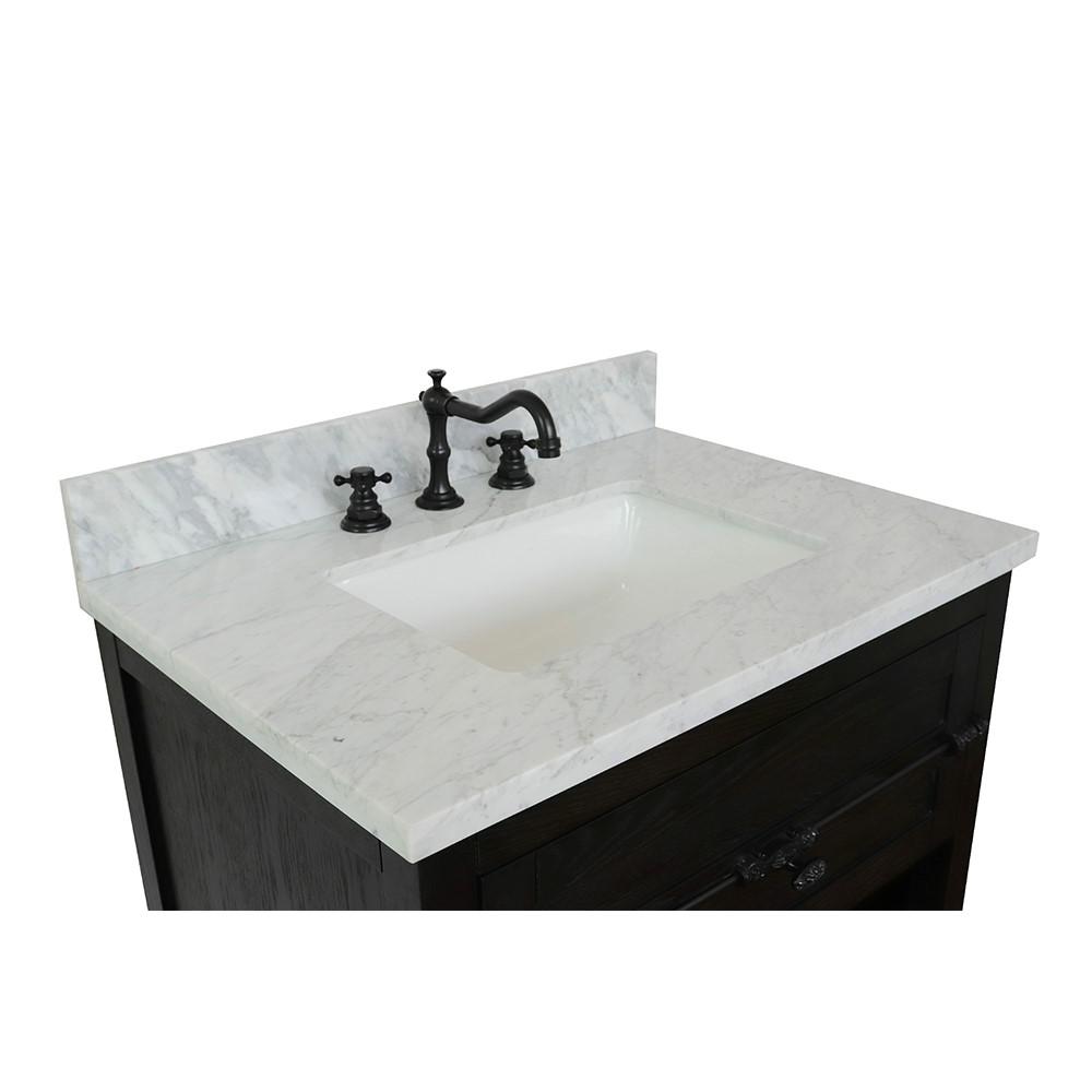 31 Single vanity in Brown Ash finish with White Carrara top and rectangle sink. Picture 5