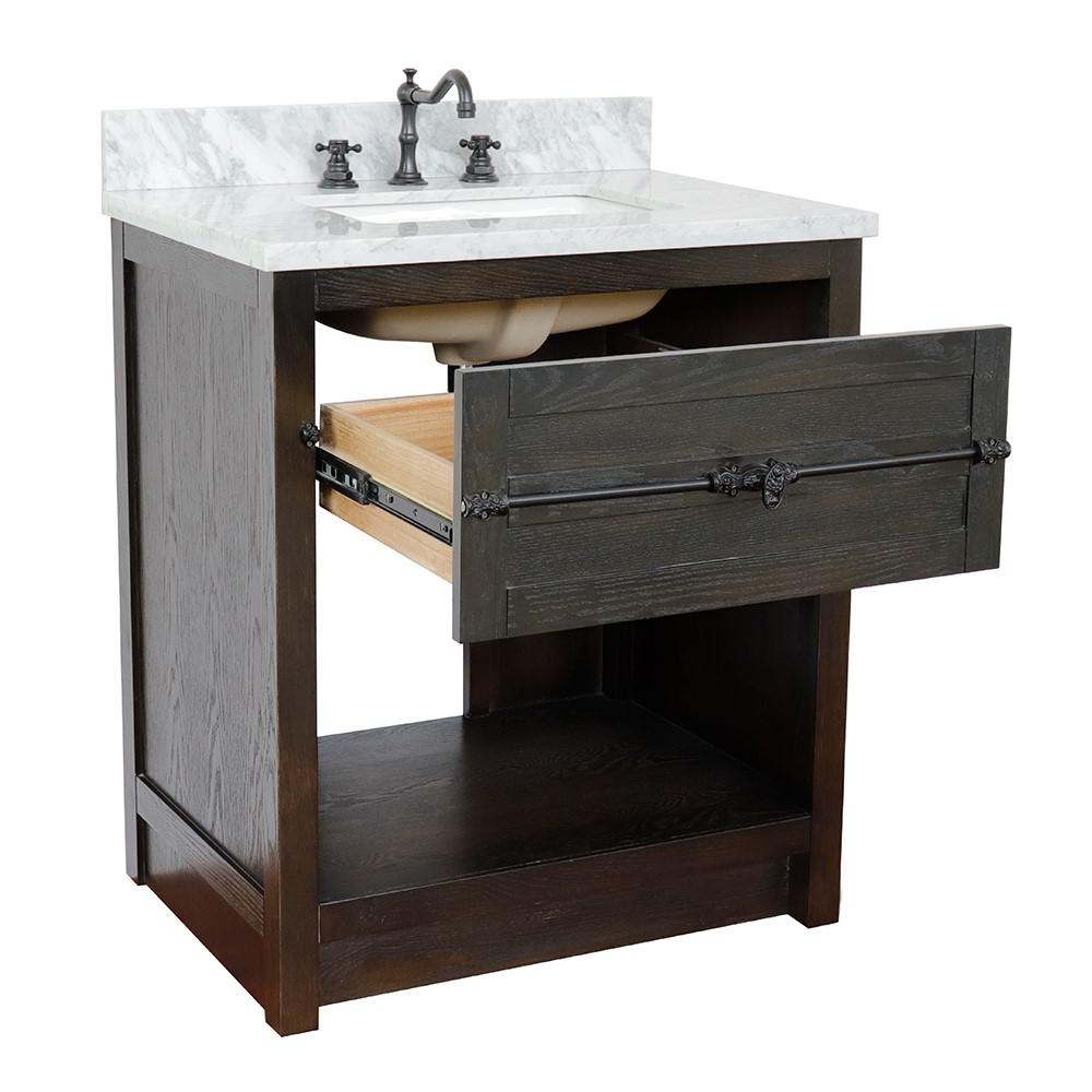 31 Single vanity in Brown Ash finish with White Carrara top and rectangle sink. Picture 6