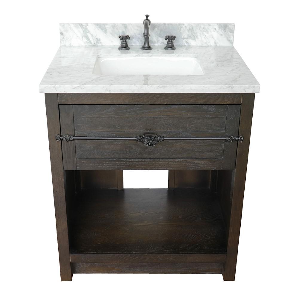 31 Single vanity in Brown Ash finish with White Carrara top and rectangle sink. Picture 8