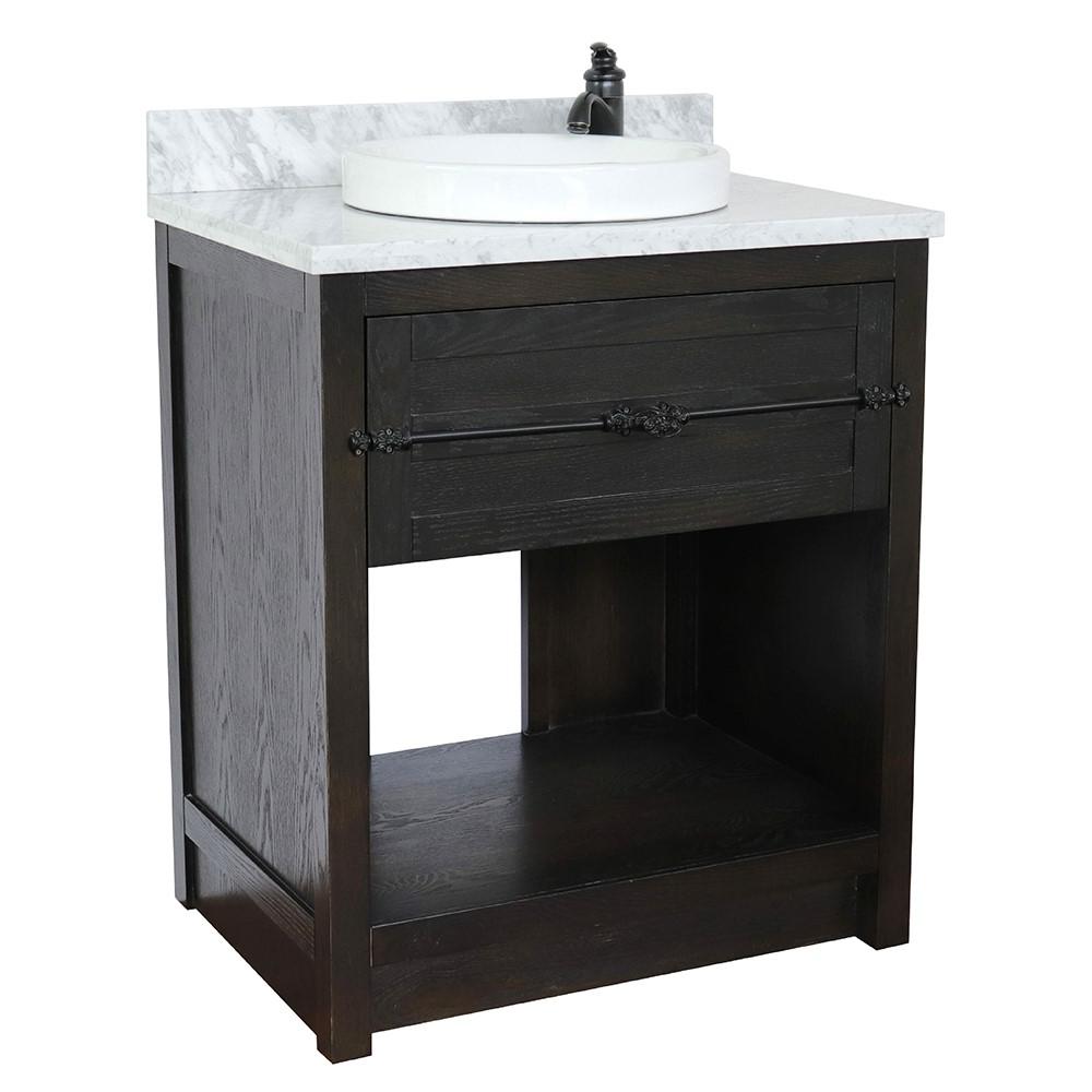 31 Single vanity in Brown Ash finish with White Carrara top and rectangle sink. Picture 13