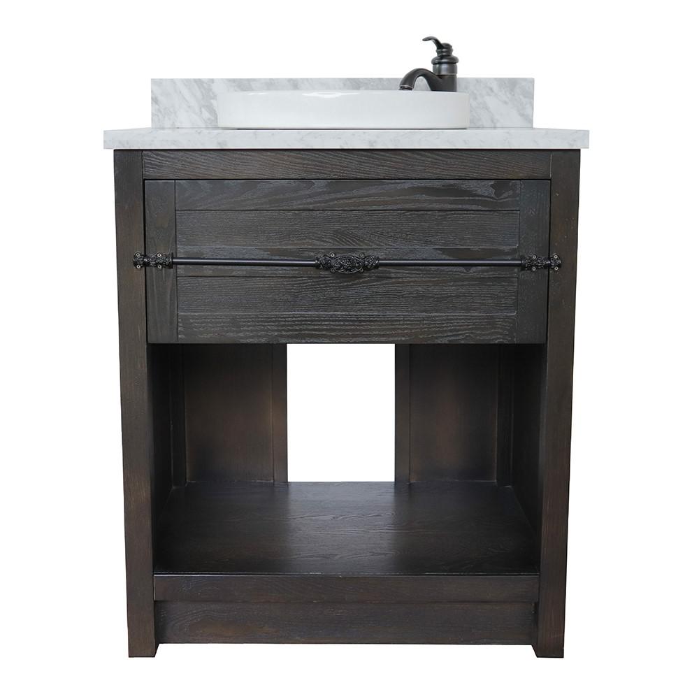 31 Single vanity in Brown Ash finish with White Carrara top and rectangle sink. Picture 14