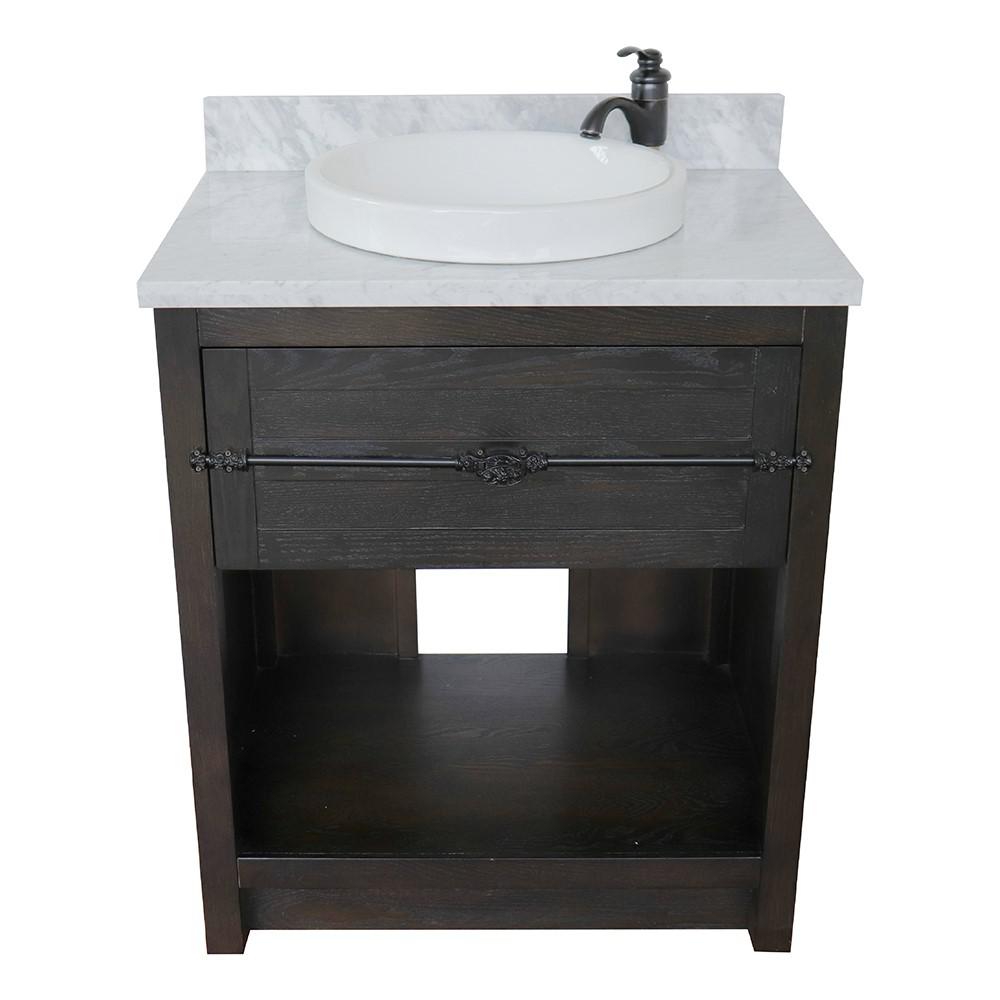31 Single vanity in Brown Ash finish with White Carrara top and rectangle sink. Picture 18