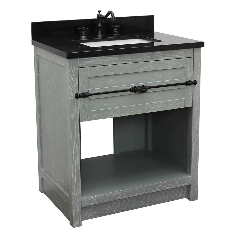 31 Single vanity in Gray Ash finish with Black Galaxy top and rectangle sink. Picture 3