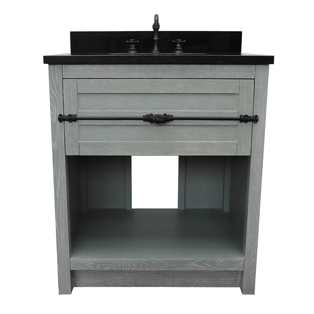 31 Single vanity in Gray Ash finish with Black Galaxy top and rectangle sink. Picture 4