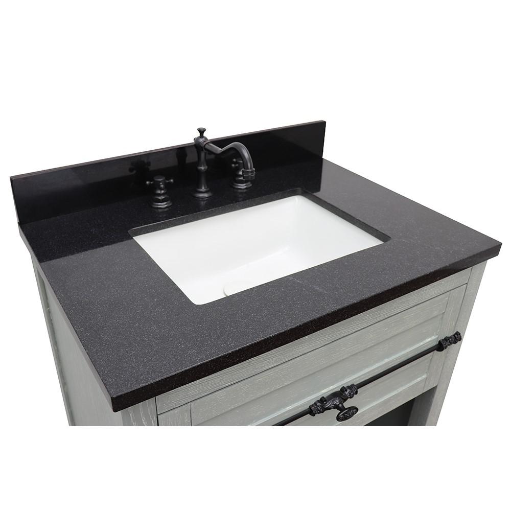 31 Single vanity in Gray Ash finish with Black Galaxy top and rectangle sink. Picture 5
