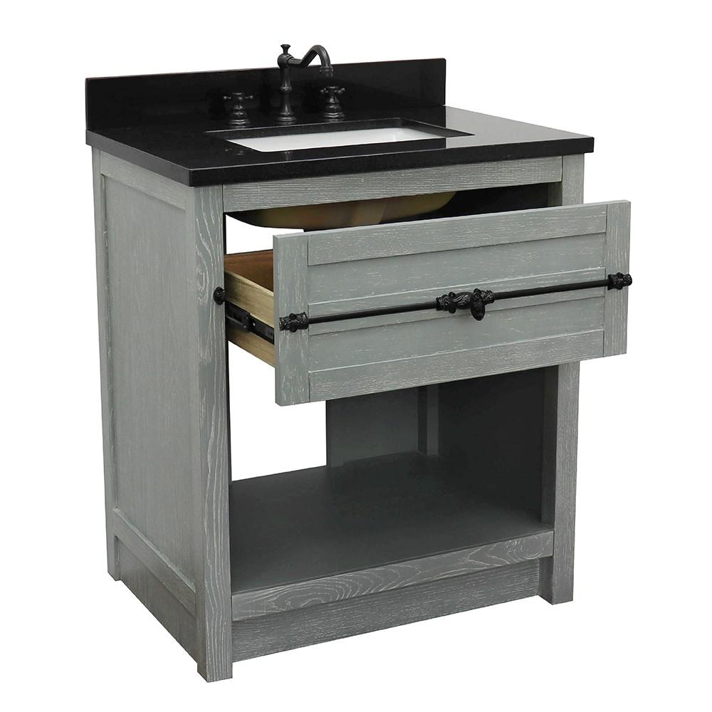 31 Single vanity in Gray Ash finish with Black Galaxy top and rectangle sink. Picture 6