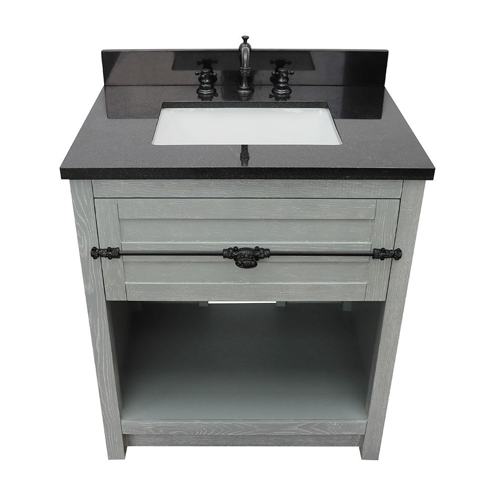 31 Single vanity in Gray Ash finish with Black Galaxy top and rectangle sink. Picture 8
