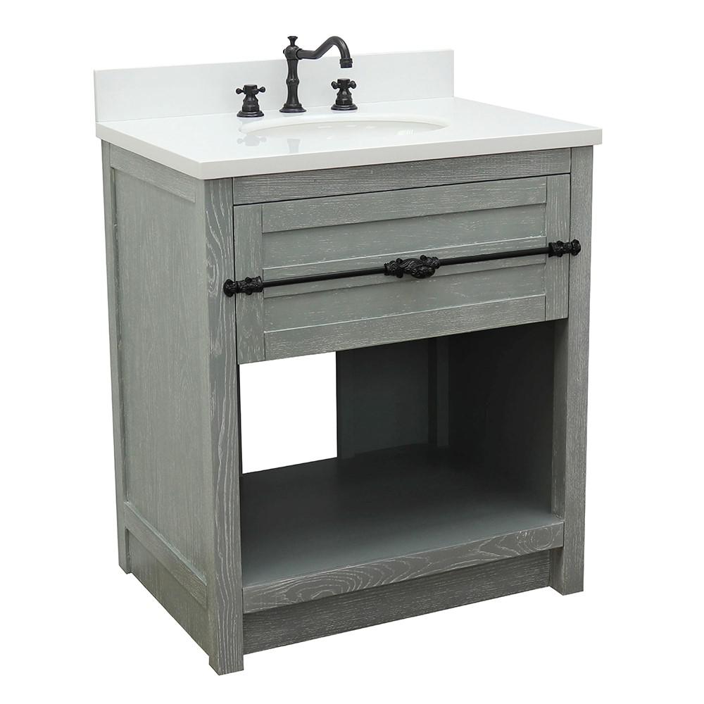 31 Single vanity in Gray Ash finish with White Quartz top and oval sink. Picture 3