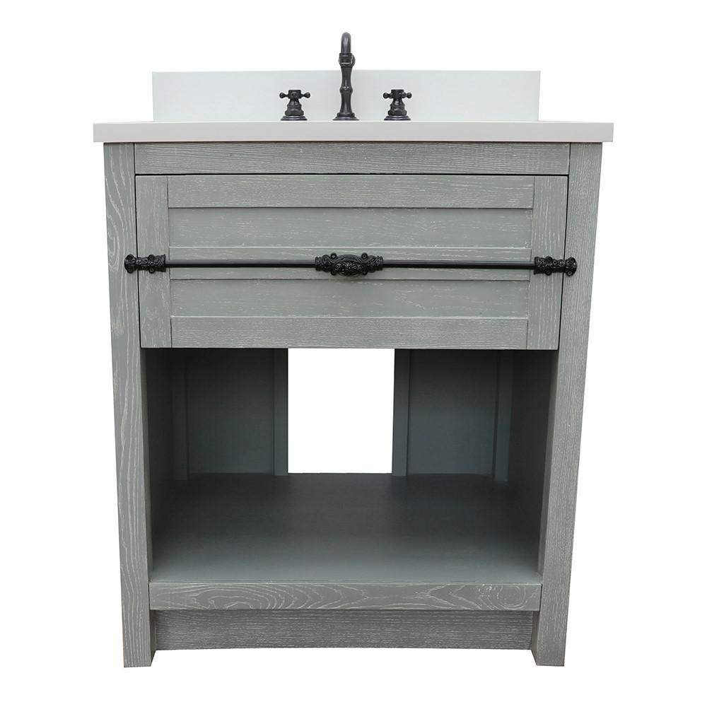 31 Single vanity in Gray Ash finish with White Quartz top and oval sink. Picture 4