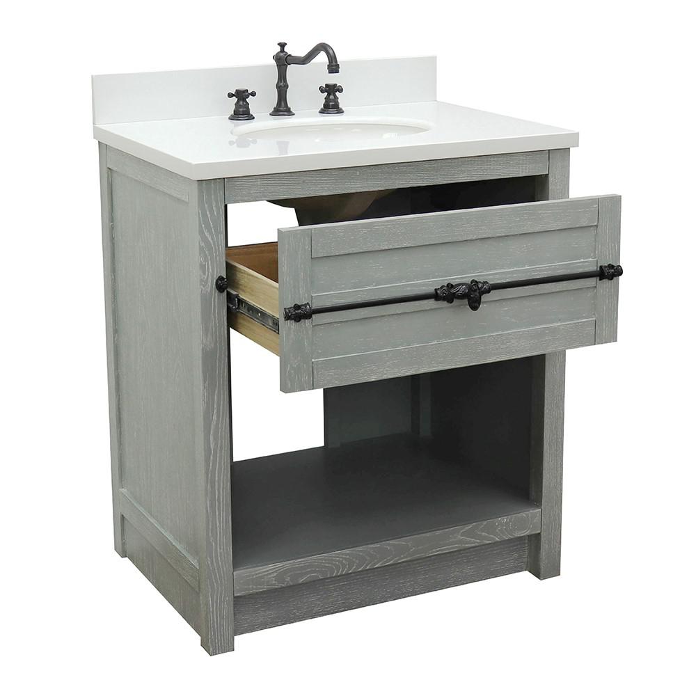 31 Single vanity in Gray Ash finish with White Quartz top and oval sink. Picture 6