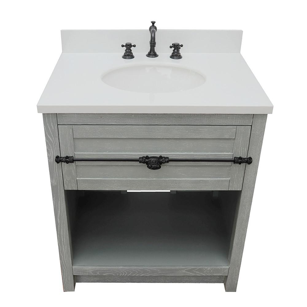 31 Single vanity in Gray Ash finish with White Quartz top and oval sink. Picture 8