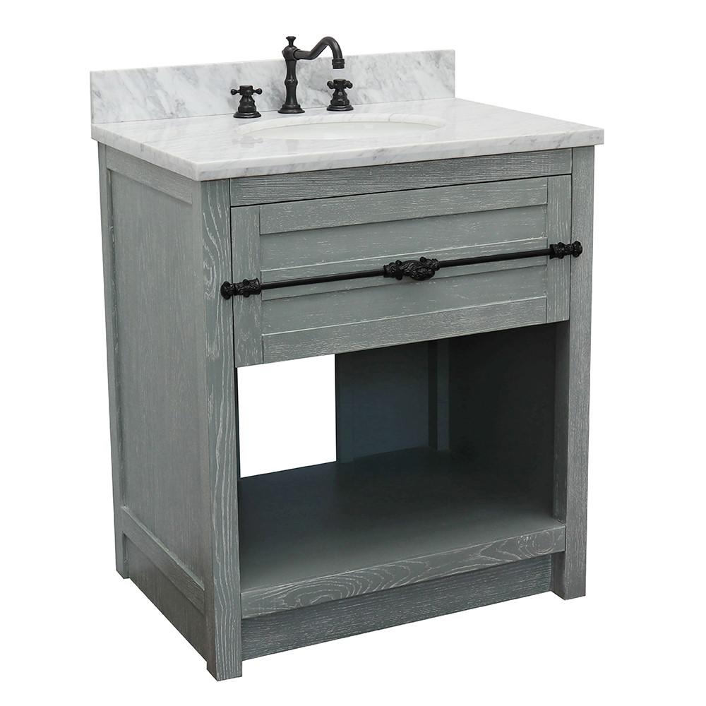 31 Single vanity in Gray Ash finish with White Carrara top and oval sink. Picture 3