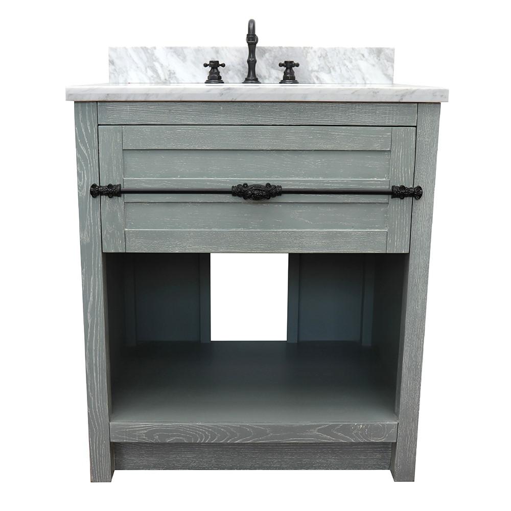 31 Single vanity in Gray Ash finish with White Carrara top and oval sink. Picture 4
