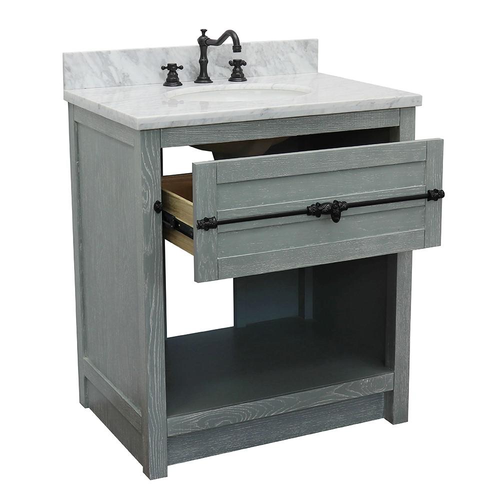 31 Single vanity in Gray Ash finish with White Carrara top and oval sink. Picture 6