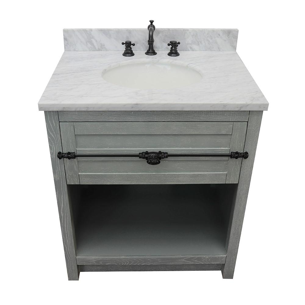 31 Single vanity in Gray Ash finish with White Carrara top and oval sink. Picture 8