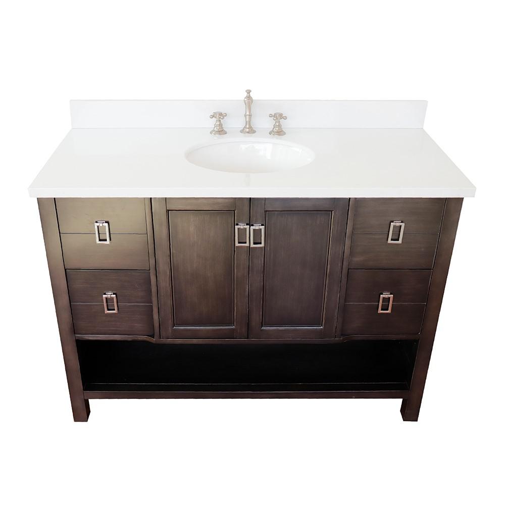 49 Single vanity in Silvery Brown finish with White Quartz top and oval sink. Picture 8