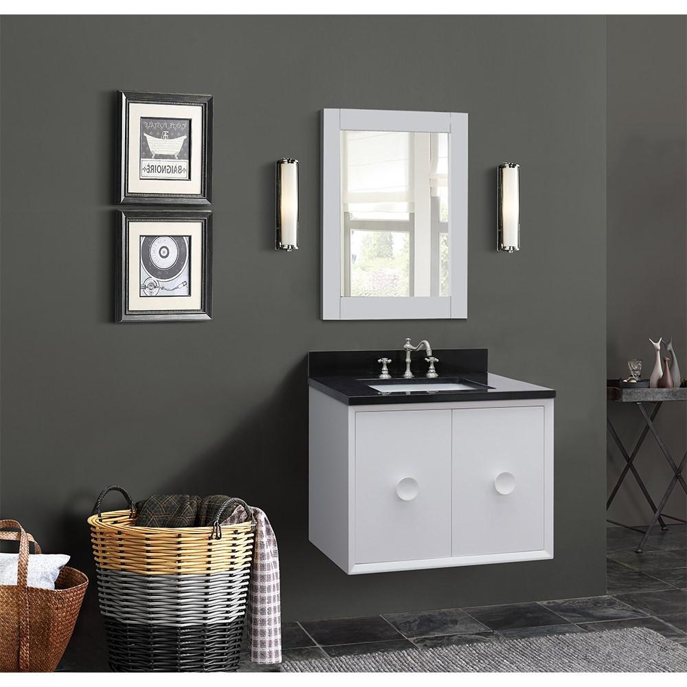 Single wall mount vanity in White with Black Galaxy top and rectangle sink. Picture 2
