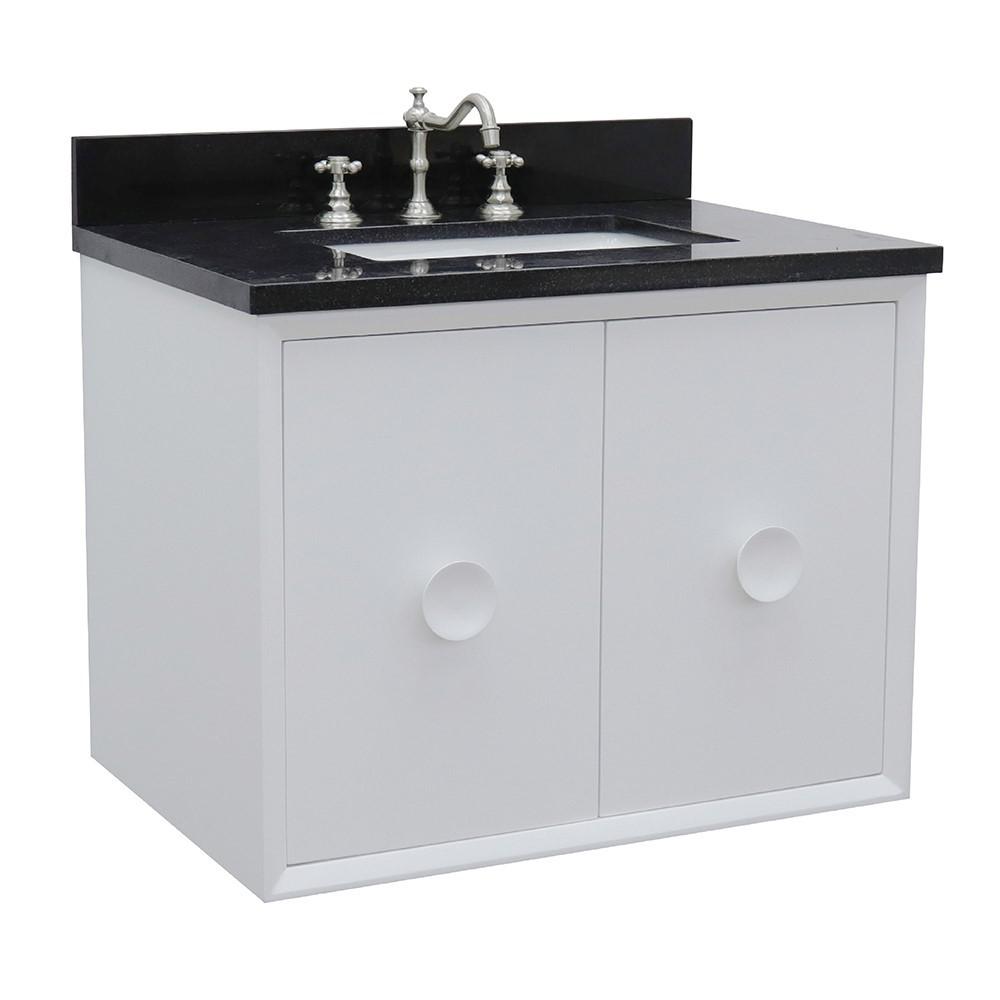 Single wall mount vanity in White with Black Galaxy top and rectangle sink. Picture 3